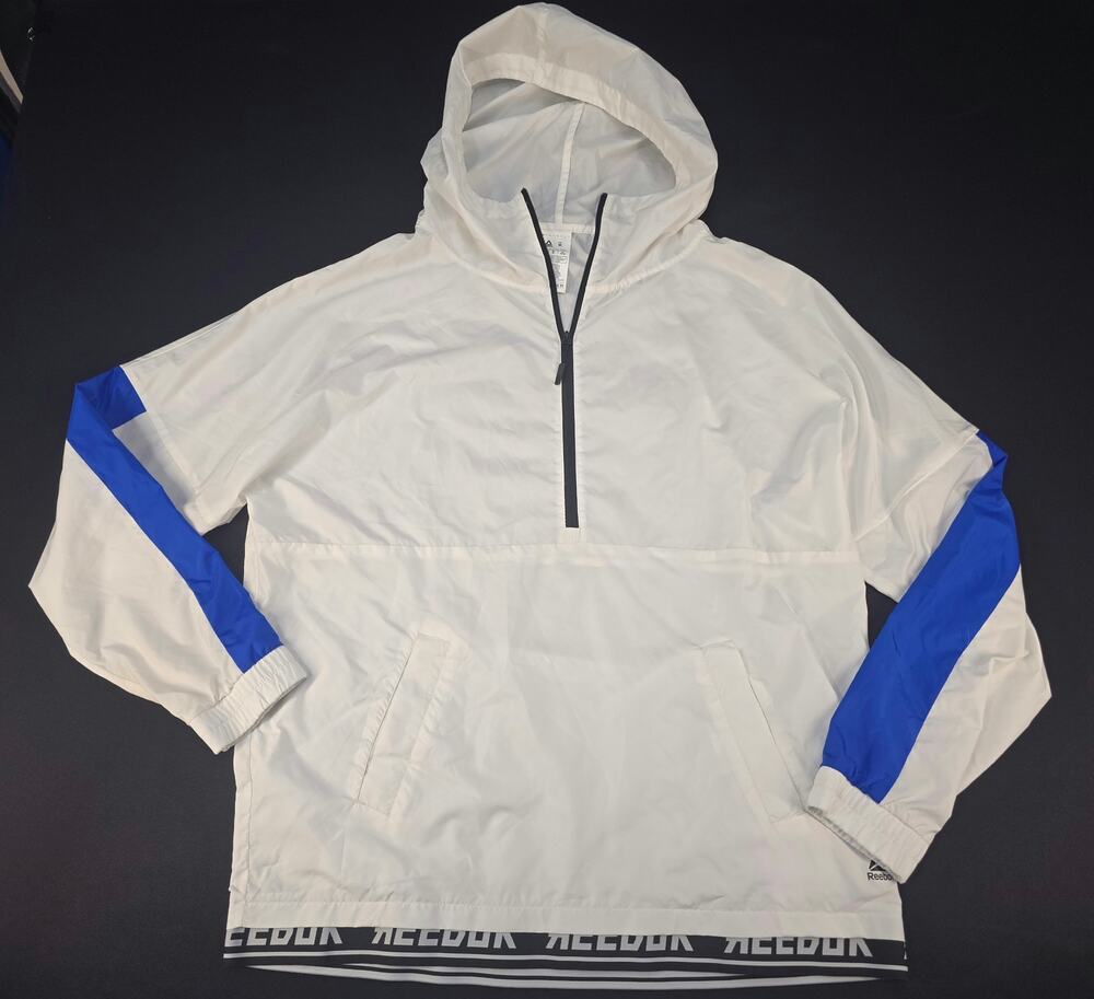 Reebok Windbreaker Jacket Women's Medium White Blue Hooded 1/4 Zip Pullover